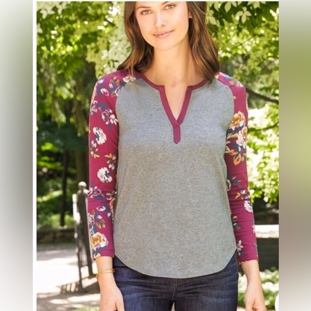 Matilda Jane Gray Henley with Plum Floral Raglan Sleeves
